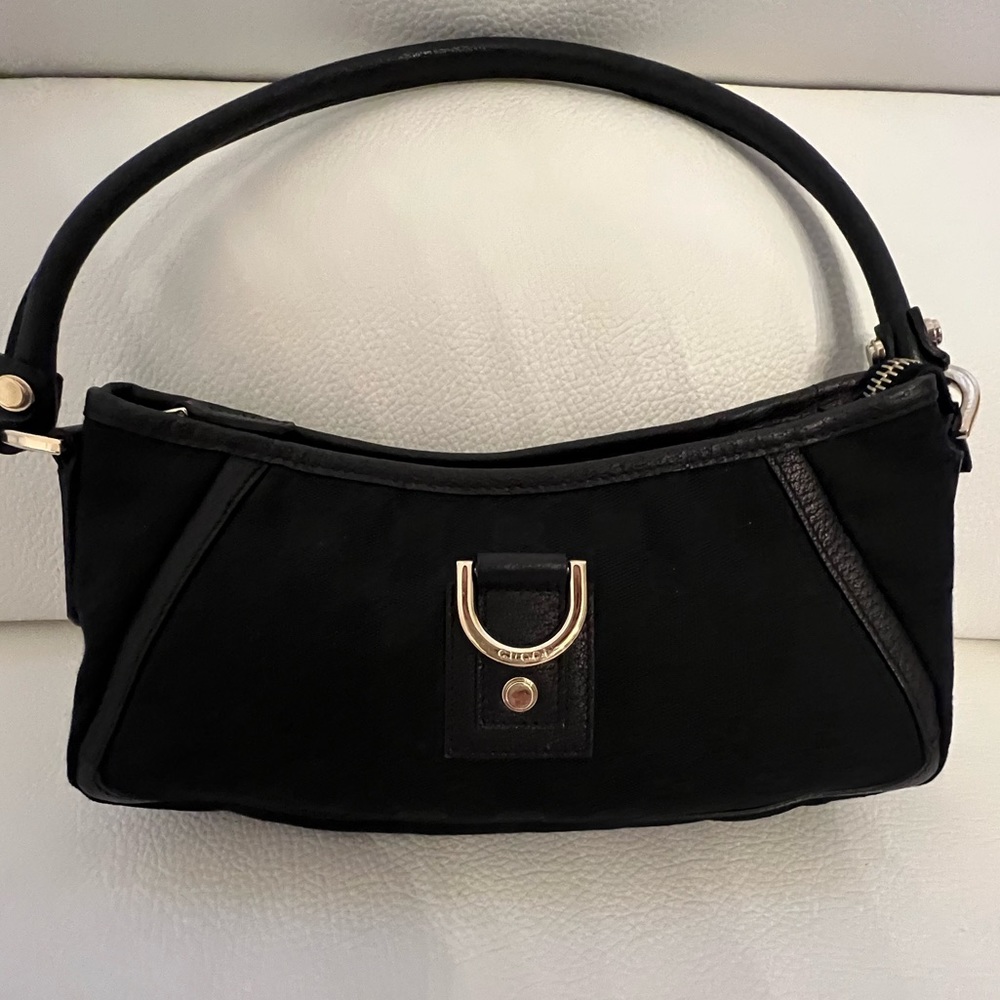 GUCCI Abbey D Ring Canvas Shoulder Bag - Gold accents. Leather strap & trim.